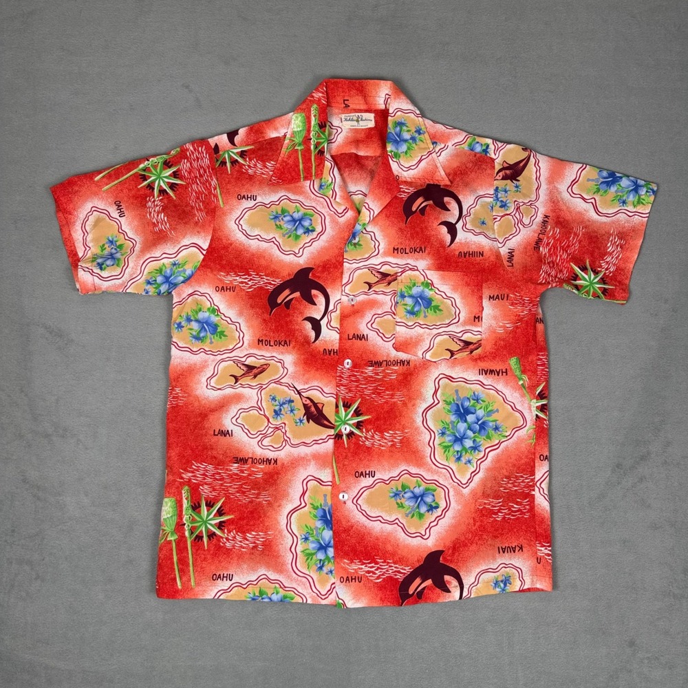 Vintage 60s 70s Hukilau Fashions Hawaiian Shirt Mens L Island Map Aloha Honolulu